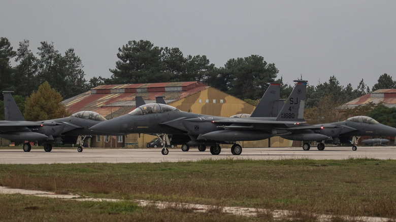 A fleet of US Air Force F-15E's stationed at an U.S. Air Base in Greece, Europe