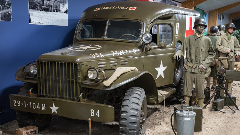 An old American Dodge model WC-54 ambulance truck in a scene from the Second World War