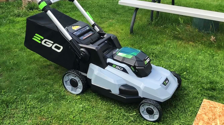 Ego 21-inch Power+ Push Mower sitting on grass