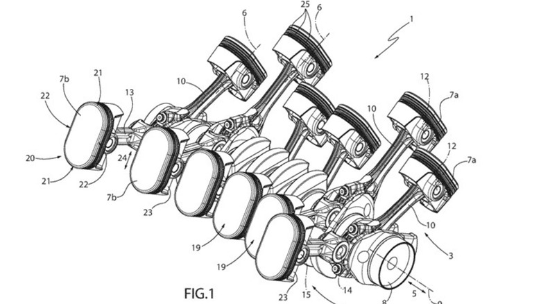A sketch of Ferrari's oval piston engine rotating assembly.