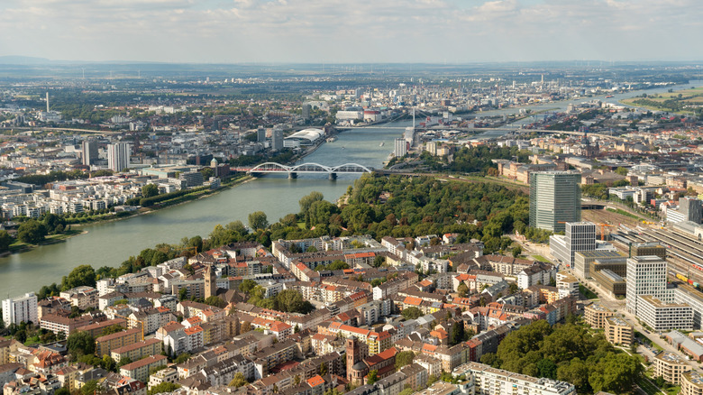 Aerial view of Mannheim showing the River Rhine