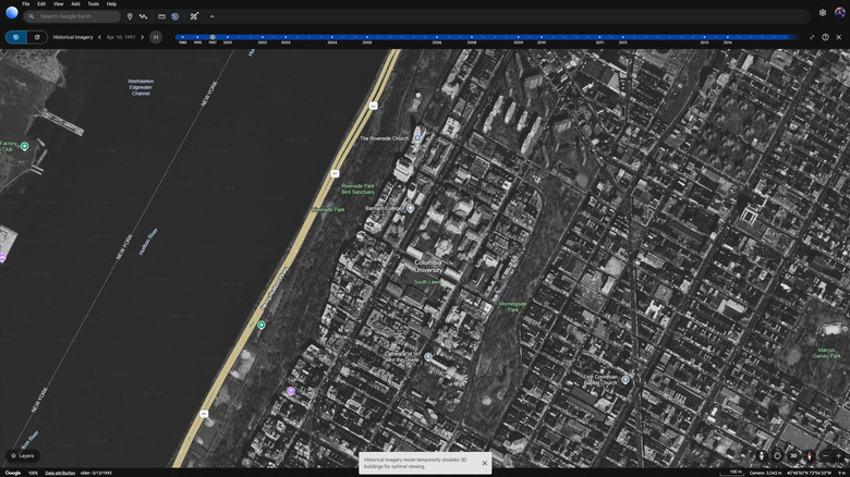 Google Earth satellite view of Columbia University in Manhattan, New York City in 1997