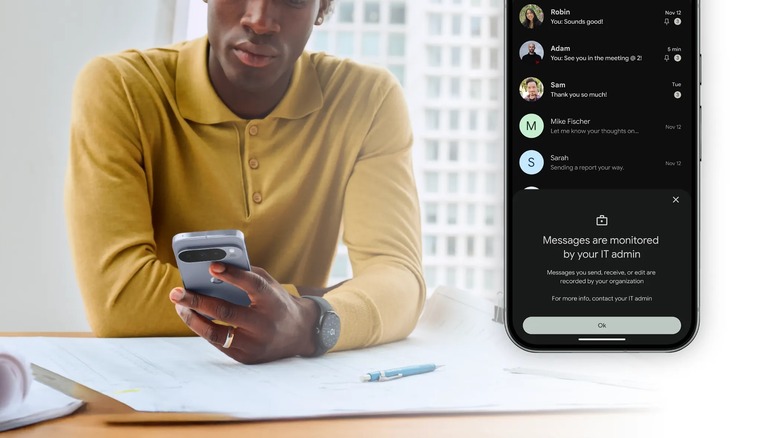 Composite image of person using a Pixel phone with RCS archival notification shown in foreground