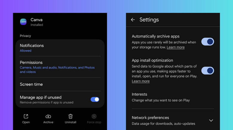 Archive button on Android Settings and Google Play Store Settings