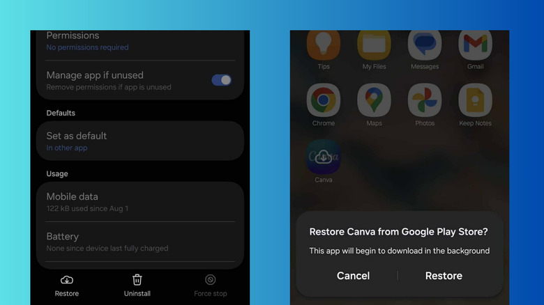 Android restore archived app from Settings and app drawer