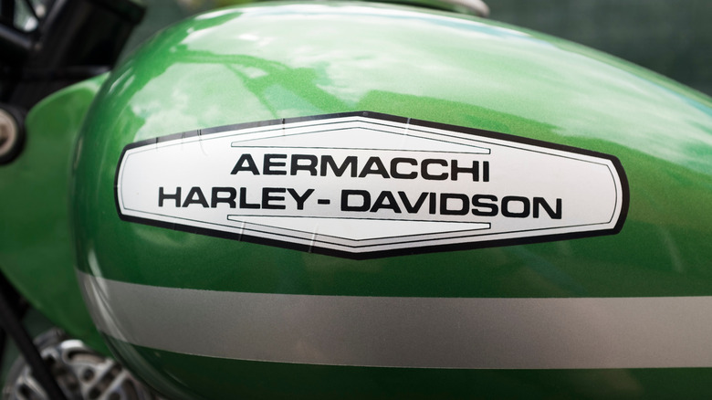 Aermacchi Harley-Davidson logo on the tank of an old Harley motorcycle