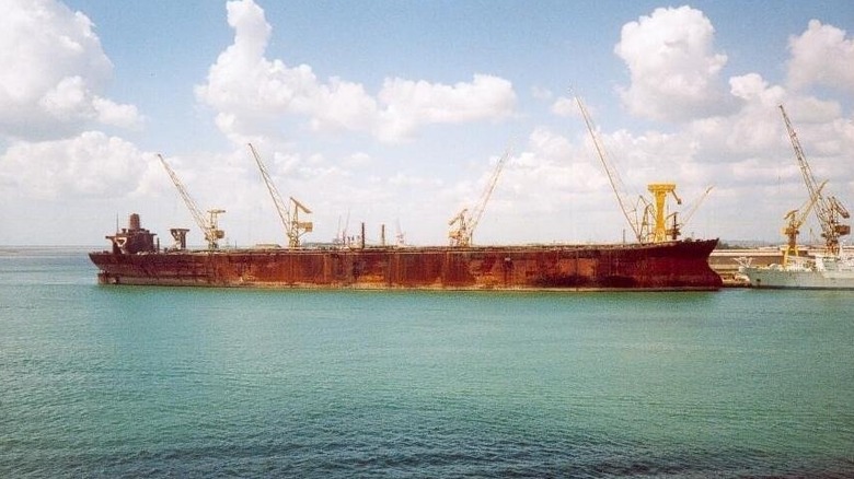 The Seawise Giant undergoing repair work at Hitachi shipyard of Singapore after the Iran-Iraq war.