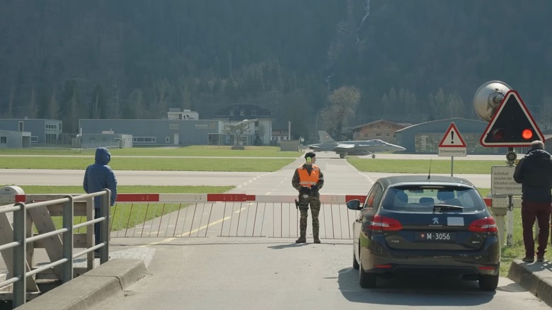 Public road crossing at Meiringen Air Base in Switzerland.