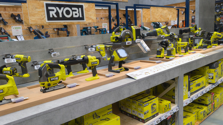 Ryobi tools on display at a store