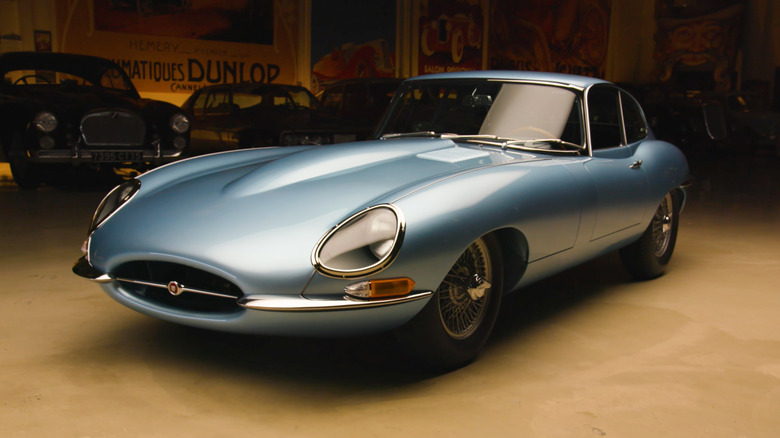 Front 3/4 view of the restored 1967 Jaguar XK-E in Jay Leno's garage