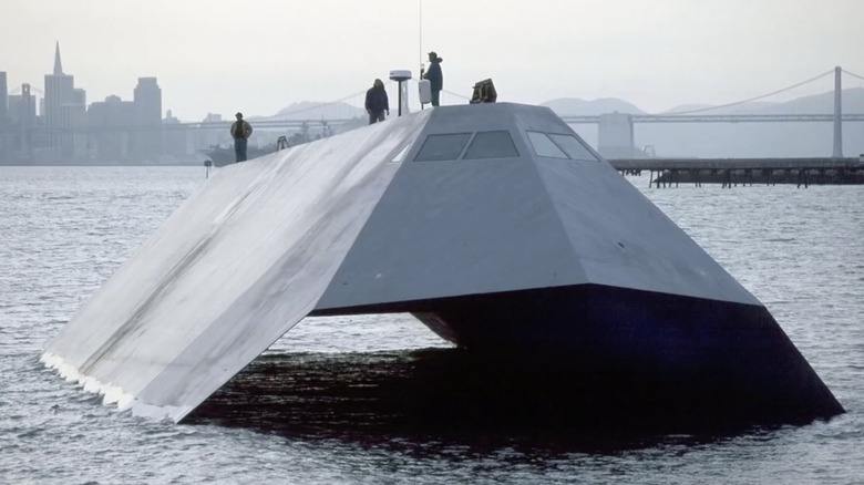 Front view of Sea Shadow Stealth ship in San Francisco Bay