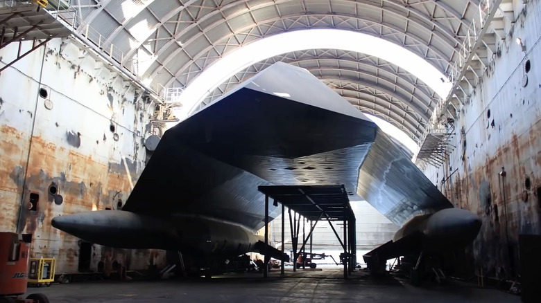 Sea Shadow Stealth ship in dry dock