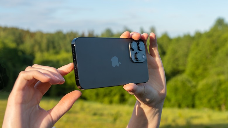person taking nature pictures on iPhone
