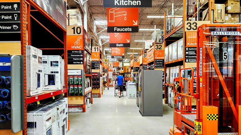 The aisles of a Home Depot store