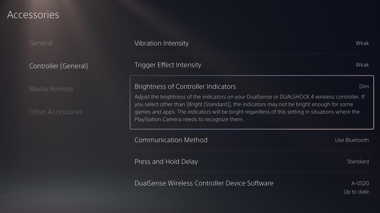 DualSense controller brightness settings on PS5