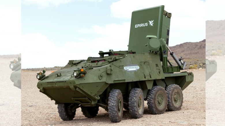The Epirus Leonidas mounted on a Stryker armored vehicle