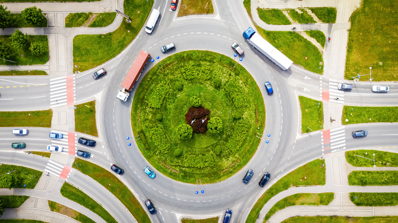 An aerial view of a busy traffic circle