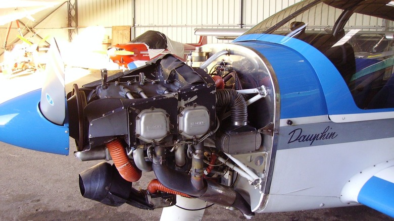 Lycoming o-320 engine exposed in nose of airplane