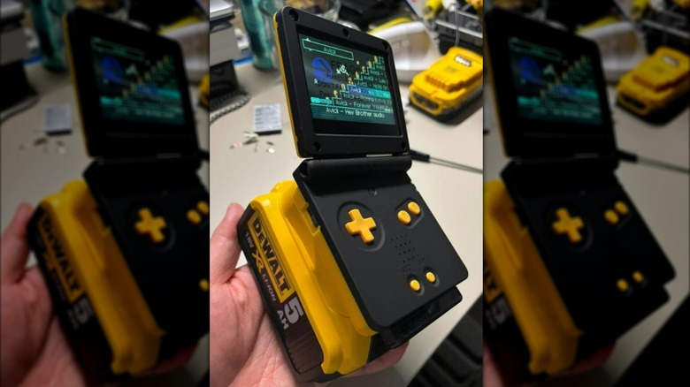 A modified Game Boy Advance SP attached to a DeWalt battery.