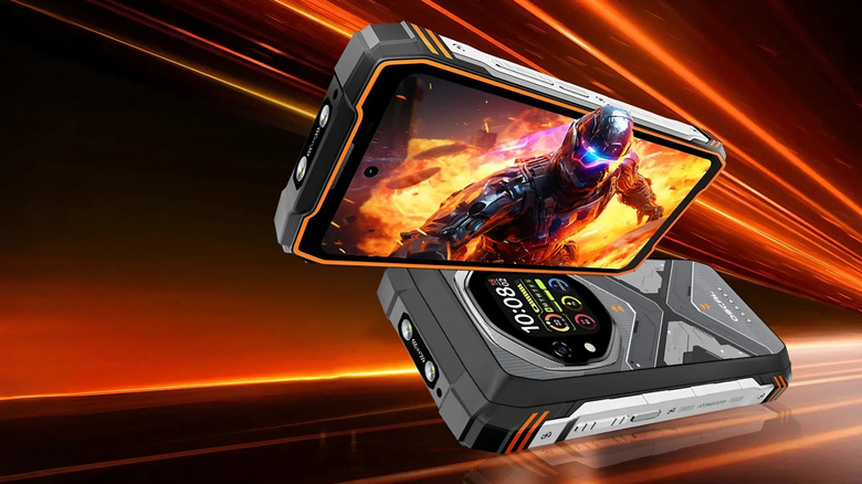 A CG promo shot of the Oscal Tank 1 showing both sides of the phone, orange neon streaks in the background
