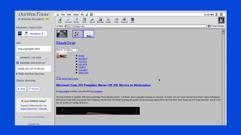 screenshot of OldWebToday page