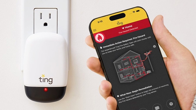 Hand holding smartphone running Ting app next to sensor in wall outlet