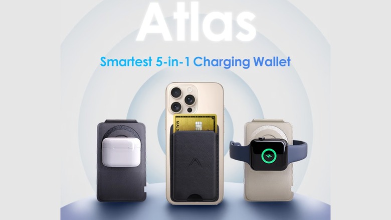 Atlas "Smartest 5-in-1 Charging Wallet" displayed on a banner with AirPods, Apple Watch, and an iPhone with a card