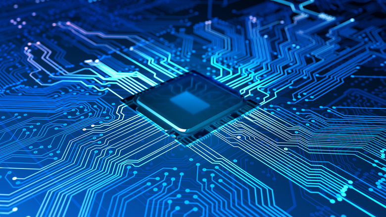 Computer generated image of a computer chip on a circuit board