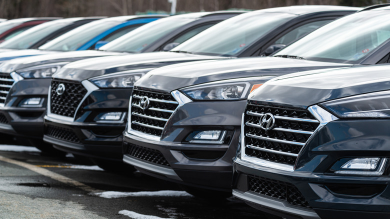 Several Hyundai vehicles parked in a row.