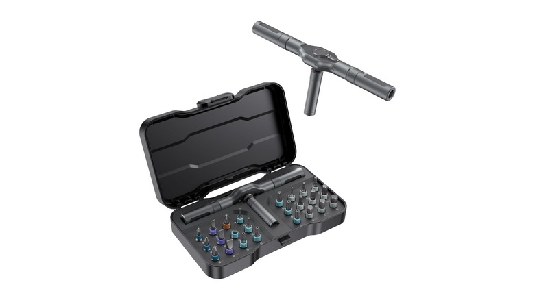 DYLIFE ratchet screwdriver and case with bits on a white background