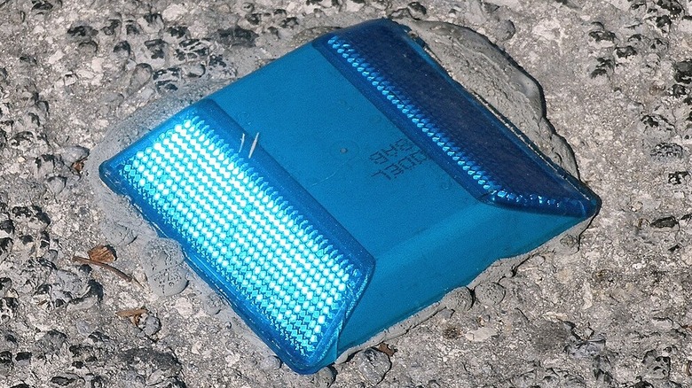 A blue raised pavement marker seen at the Flamingo site in Everglades National Park, Florida.