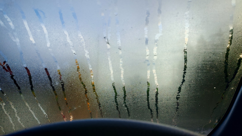 View from inside of car through foggy windshield