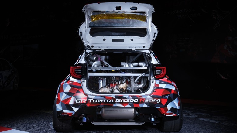 Toyota GR Yaris M Concept with rear decklid open, showcasing engine