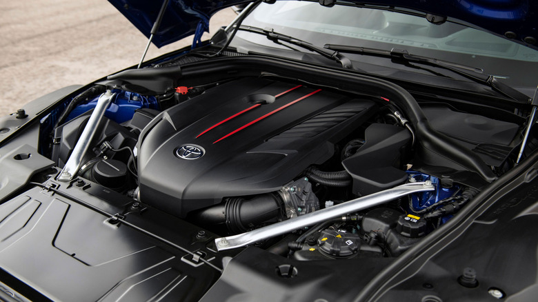 Detail view of 3.0L inline-six in GR Supra