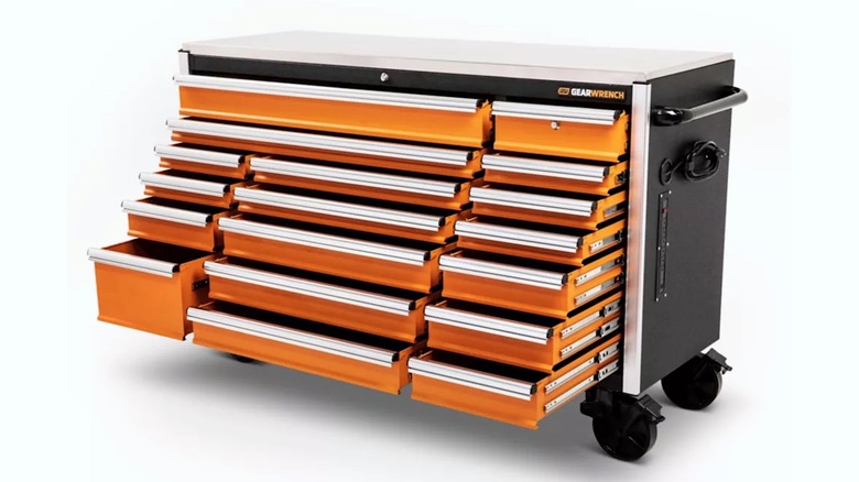 Black and orange GearWrench storage cabinet