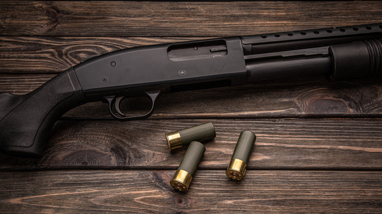 12-gauge shotgun on a wooden surface.