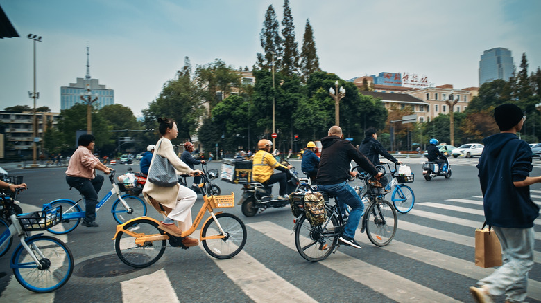 Bicyclists and pedestrians crossing a crosswalk