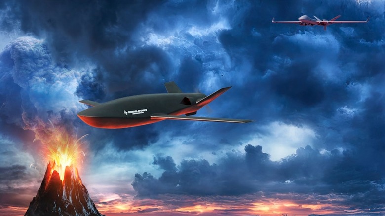 Rendering showing the PELE support drone being deployed from an MQ-9B drone at night.