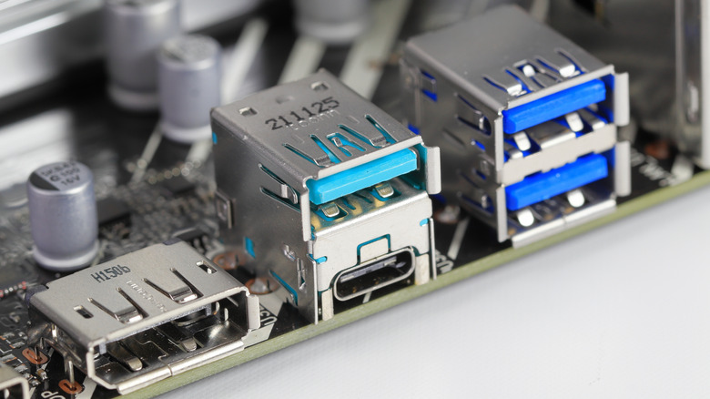 Various USB ports on a computer mainboard