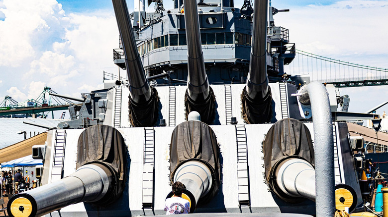 The forward guns of the battleship USS Iowa.