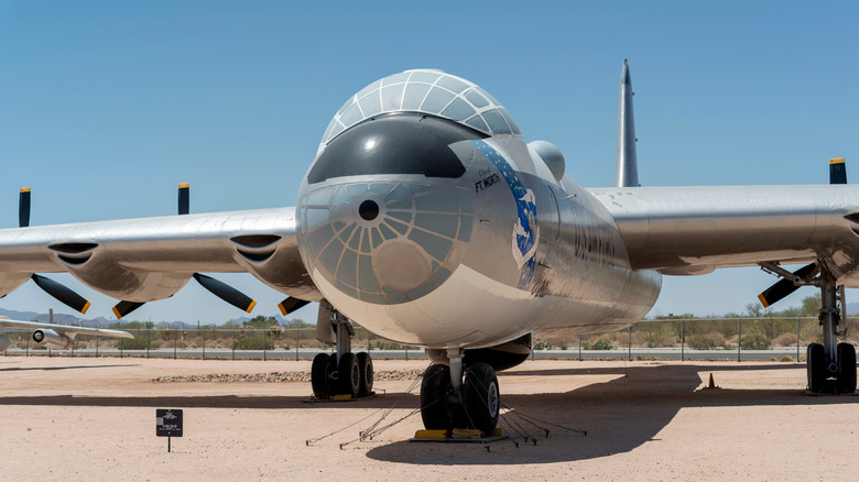 Front view of a B-36 bomber on the ground.