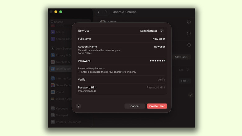 Creating a new admin user account on macOS