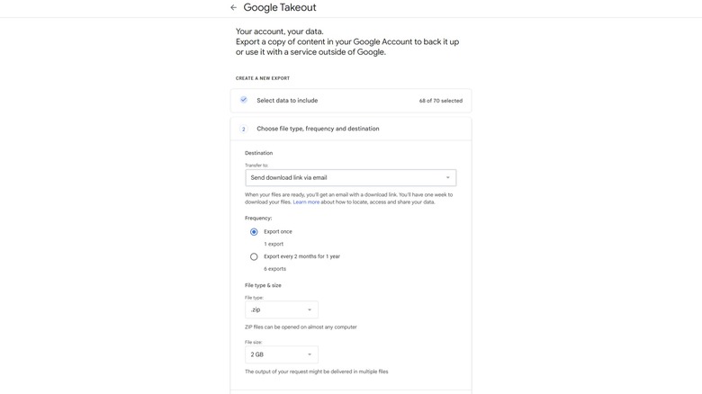 Google Takeout export interface