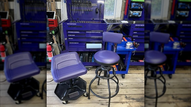 Vinyl dye pained seats in front of tool boxes