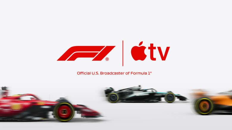 Promotional logos for the F1-Apple TV partnership.