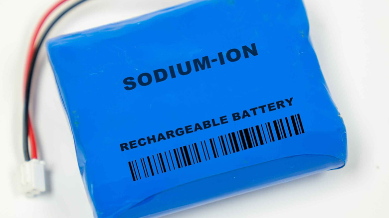 A blue sodium-ion battery on a white table.