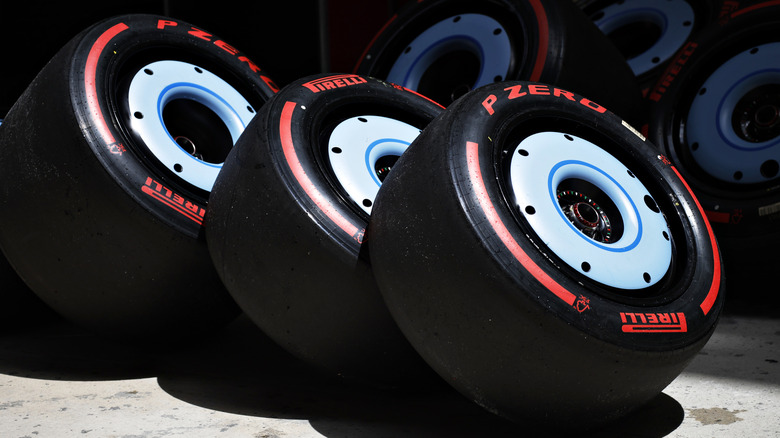 Row of Formula One tires
