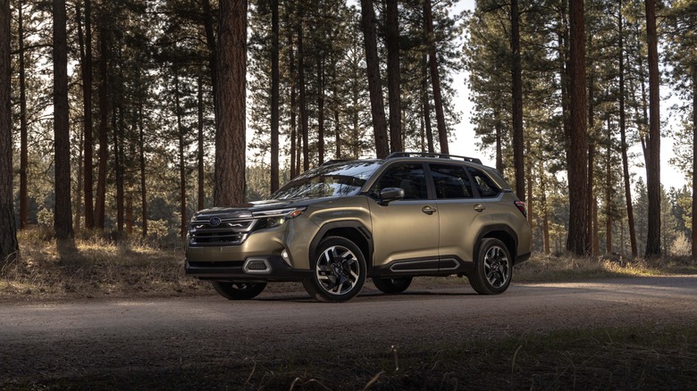A 2025 Subaru Forester in gold, front 3/4 view