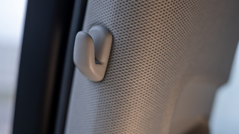 A coat hook on the B-pillar of the car, up-close shot with narrow focus