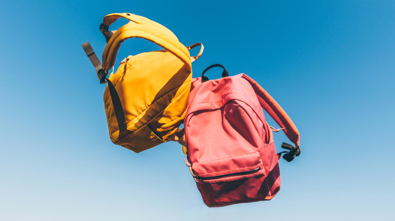 Yellow and red colored backbacks with the sky as background